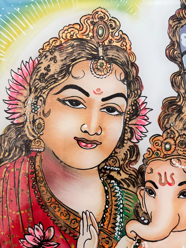 Antigua pintura hindú Shiva, Parvati y Ganesh original reverso vidrio enmarcado Foto 4 de 4