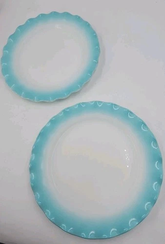 Vintage Hazel Atlas White Milk Glass 8.75" Dessert Plates (2) Ruffled Turquoise
