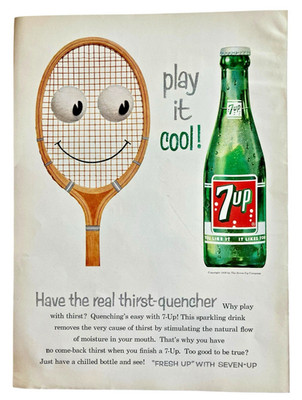 Vtg 7UP Print Ad Tennis Racket Play It Cool 1958 Kitchen Wall Decor