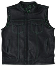 Men's Motorcycle Leather Vest Club Style   Biker Vest With Green Paisley