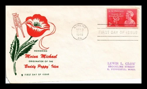 DR JIM STAMPS US COVER MOINA MICHAEL POPPY DAY FDC SCOTT 977 HAMILTON CACHET
