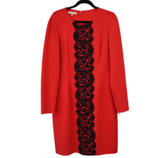 Michael Kors Scarlet Red Wool Blend Black Lace Detail Sheath Dress Size 14