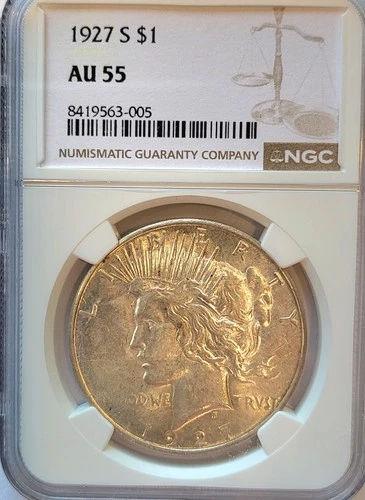 1927-S NGC AU-55 lustrous choice AU.  (866,000 minted) Peace Silver Dollar #314.