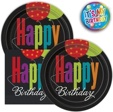 Colorful Cheer Birthday Party Plates and Napkins Set – 32 Piece Disposable Table