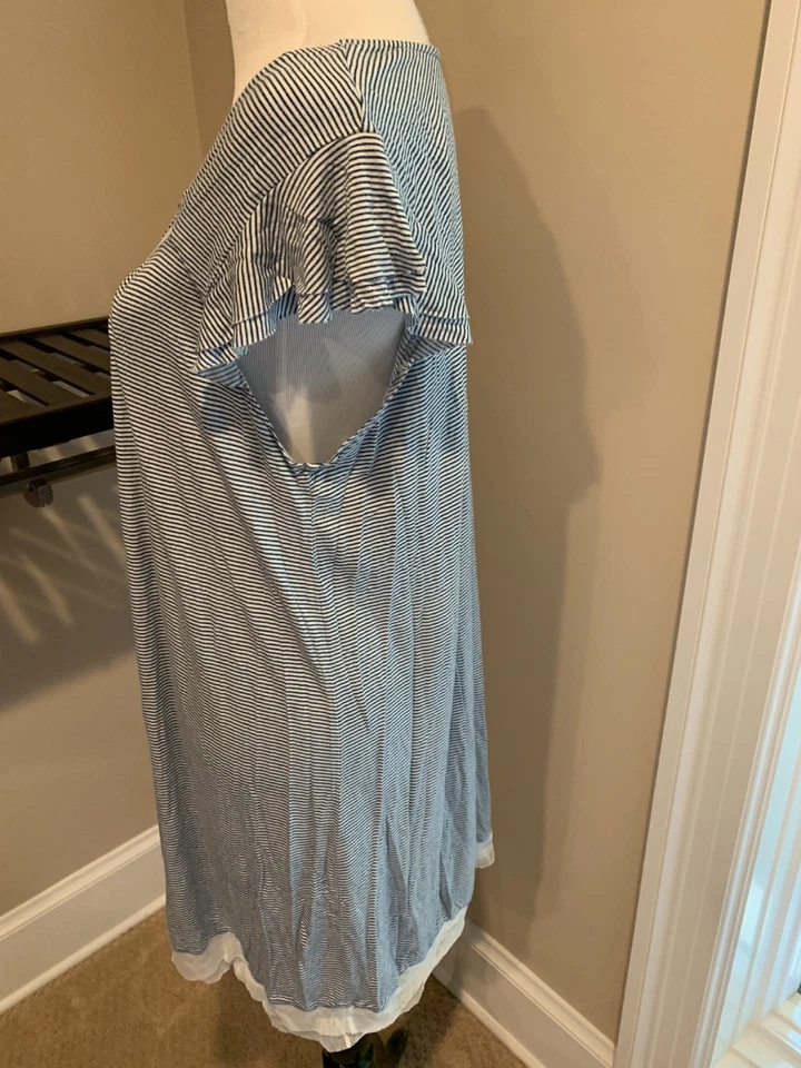 Ellen Tracy Camisón Grande L Vestido Rayón Mezcla Tejido Azul Rayas Manga Acampanada Foto 4 de 4