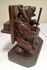 ANTIQUE BLACK FOREST SWISS WOOD CARVED BEAR SMOKING OR INKWELL STAND