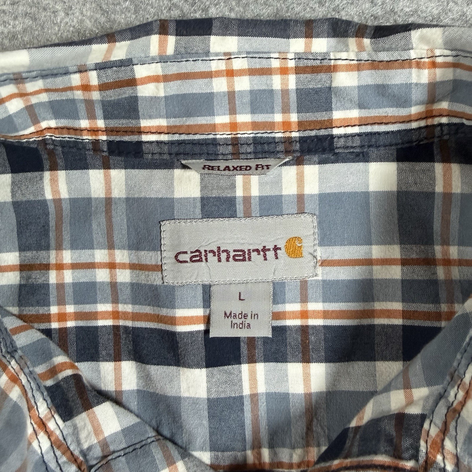 Carhartt Blue Plaid Work Shirt Mens L Relaxed Fit Button Up Pocket Short Sleeve thumbnail 3