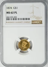 1874 $ Gold Indian Dollar MS62PL NGC 946248-2
