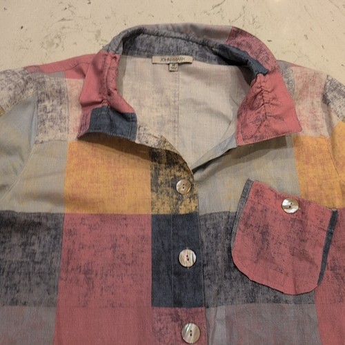 John Mark Patchwork Button Down Shirt Tunic Neutral Art Size M Boho Artsy - Picture 5 of 16