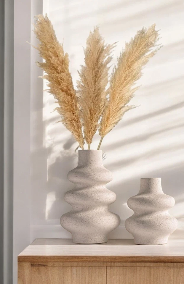 NEW West Elm Large Cream Stoneware Ceramic Geometric Flower Vase Décor Set of 2 - Image 3 of 4