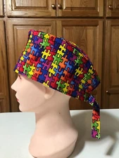Scrub or Chef Hat Medical Nursing Chemo Skull Cap Puzzle Pieces Autism Awareness