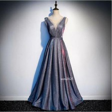Women Deep V Glitter Galaxy Long Evening Flared Dress Pretty Cocktail Prom Gown