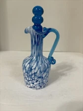 Rainbow Art Glass Cruet AQUA Blue - White Spatter Milk Spots Stopper 6” Tall