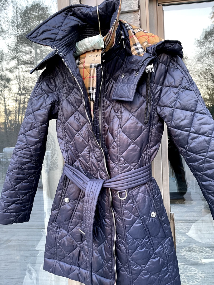 NWOT BURBERRY BAUGHTON Quilted Belted Jacket Coat Ink Navy Blue XS