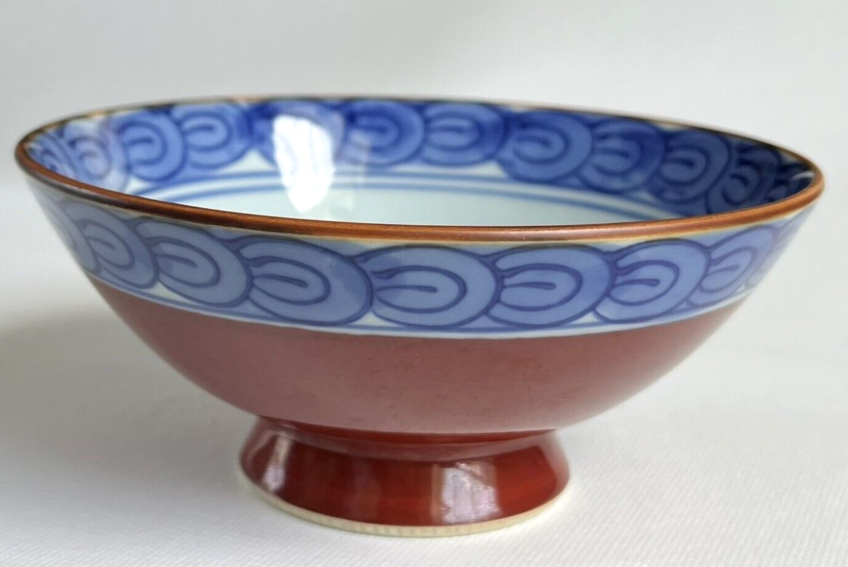 Arita-yaki Shiramine Japanese Blue & Red Ceramic Glazed Rice Bowl