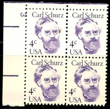 CARL SCHURZ Plate Block of 4 PL 3 MNH Scott's 1847 UL
