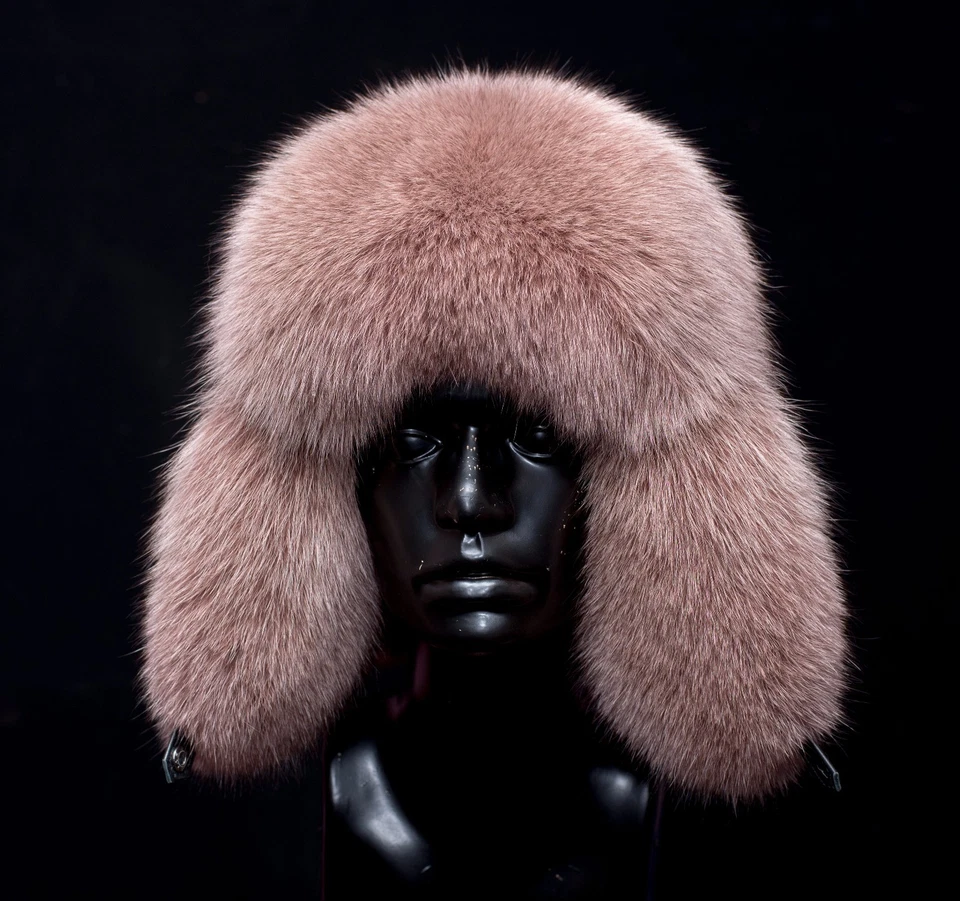 Saga Furs  Mocha Brown Fox Fur Black Leather Handmade Aviator Trapper Unisex Hat - Image 2 of 4