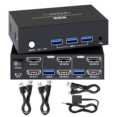 HDMI Kvm Switch 2 Monitors 2 Computers with 3 USB Ports, 4K@60Hz for 2 Computers