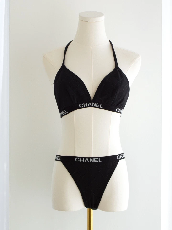 Raro Traje de Baño Bikini Chanel Vintage Cruise 1994 Acolchado Negro Blanco Logo 94C Foto 4 de 4