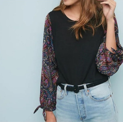 Anthropologie Akemi + Kin Maybelle Paisley Balloon Tie L/S Black Blouse Sz M
