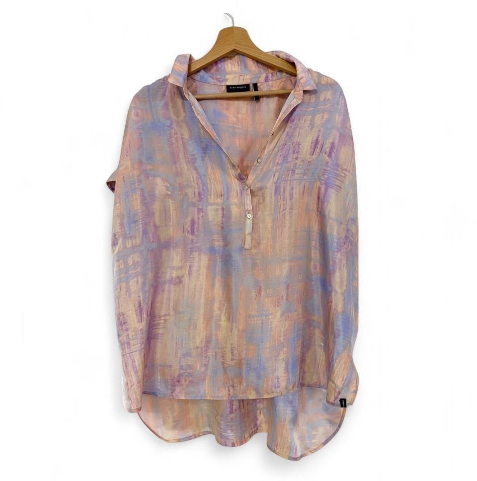 ELIAS RUMELIS Maglia blusa rosa lilla viola multicolore laminata Tg L