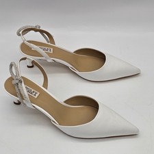 Badgley Mischka Gentry Heels Womens Sz 7.5 White Satin Crystal Bow Slingback NIB