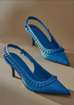 Jeffrey Campbell Coquine Slingback Kitten Heels, Blue, Size 7.5, Leather/Silk