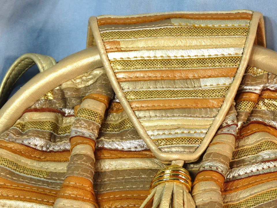 BOLSO BANDOLERA de Colección Sharif Cuero RAYAS RETAZOS Dorado Plata Marrón Foto 2 de 4