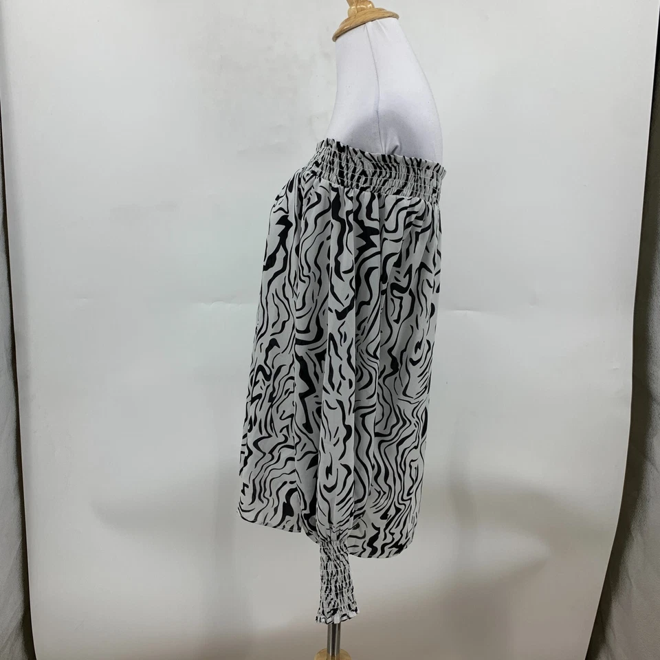 Milano Off Shoulder Top Womens S Small White Black Zebra Print Long Sleeve Smock - Изображение 3 из 4