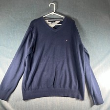 Tommy Hilfiger Mens Sweater Size L Blue Cotton Embroidery Logo V-Neck Pullover
