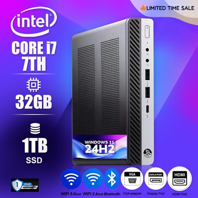 HP Mini Desktop Computer PC i7 7TH, Up to 32GB RAM 1TB SSD, Windows 10/11, WiFi