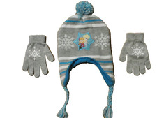 NEW DISNEY FROZEN FLEECE LINED HAT AND GLOVE SET ANNA ELSA GRAY, BLUE AND WHITE