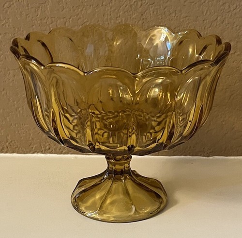 Vintage Amber Glass Scalloped Edge Large Pedestal Bowl Compote Heavy - Picture 17 of 17