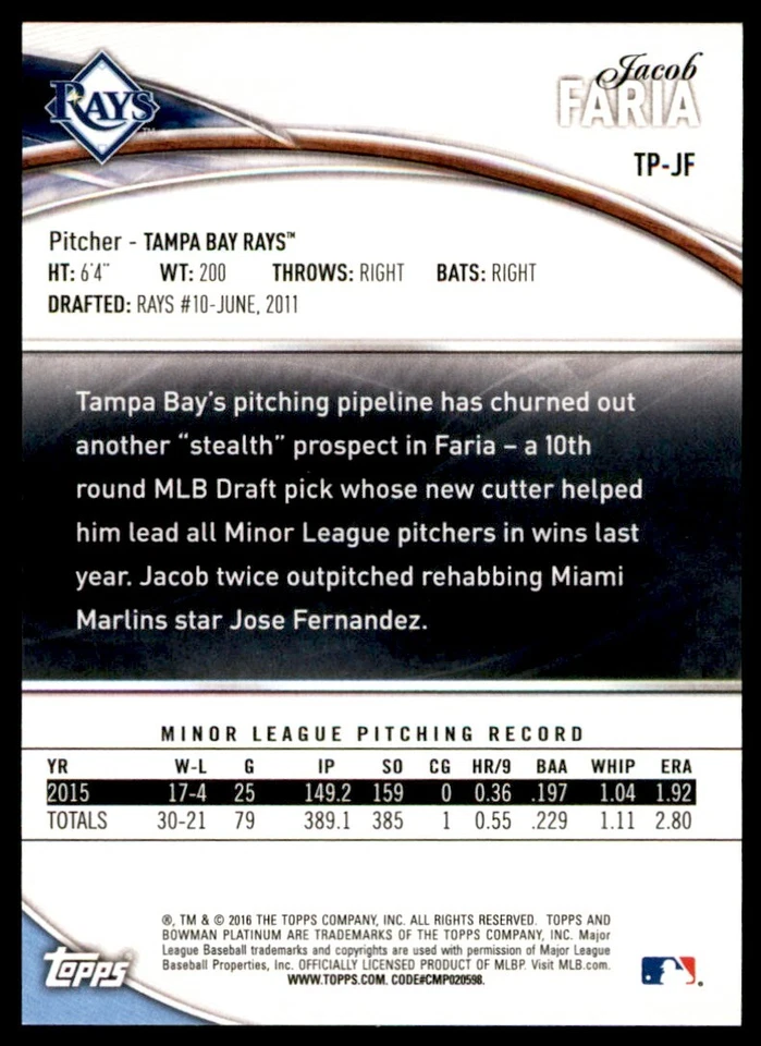 2016 Topps Jacob Faria 55/99 #TP-JF - Image 2 of 2