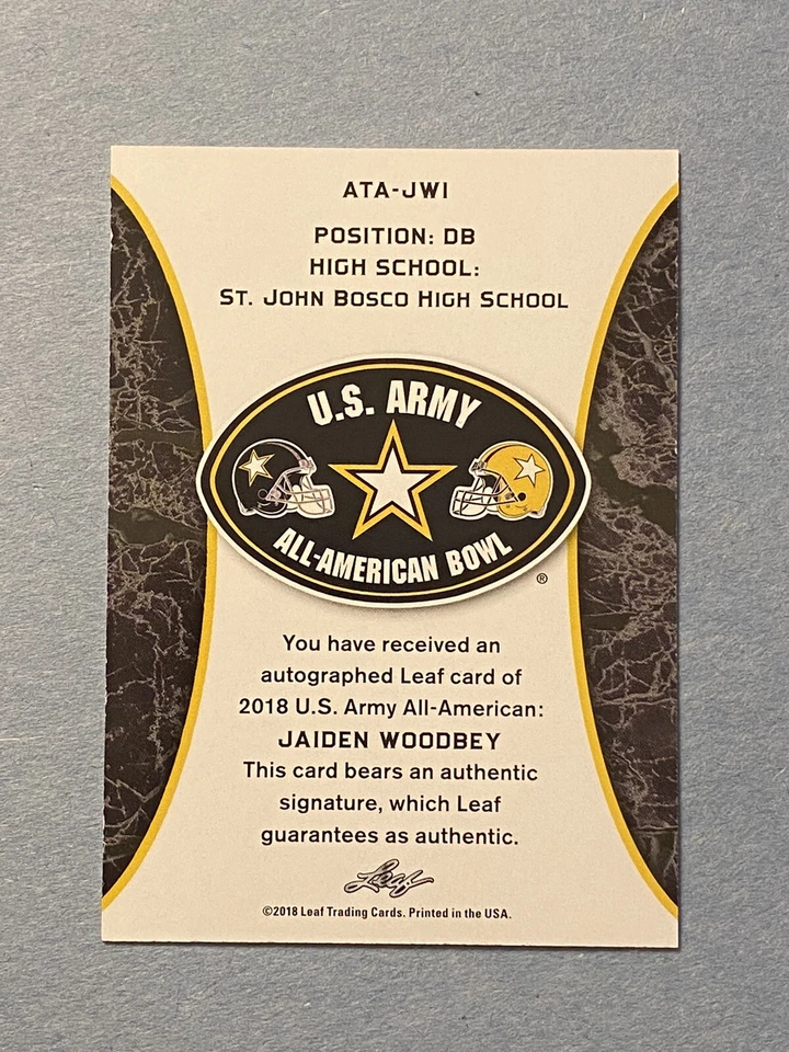 JAIDEN WOODBEY Florida St 2018 Leaf Army All-American Football Tour AUTO 15/25 - Image 2 of 2
