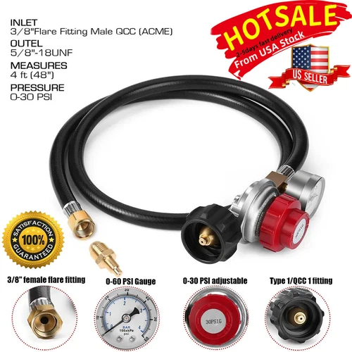 4ft High Pressure 0-30PSI Adjustable Propane Gas Regulator w/ Hose and PSI Gauge - Picture 1 of 17