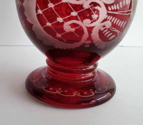 Vintage Egermann Ruby Glass Vase Bohemian Baroque Engraving Far East Palms - Picture 7 of 10