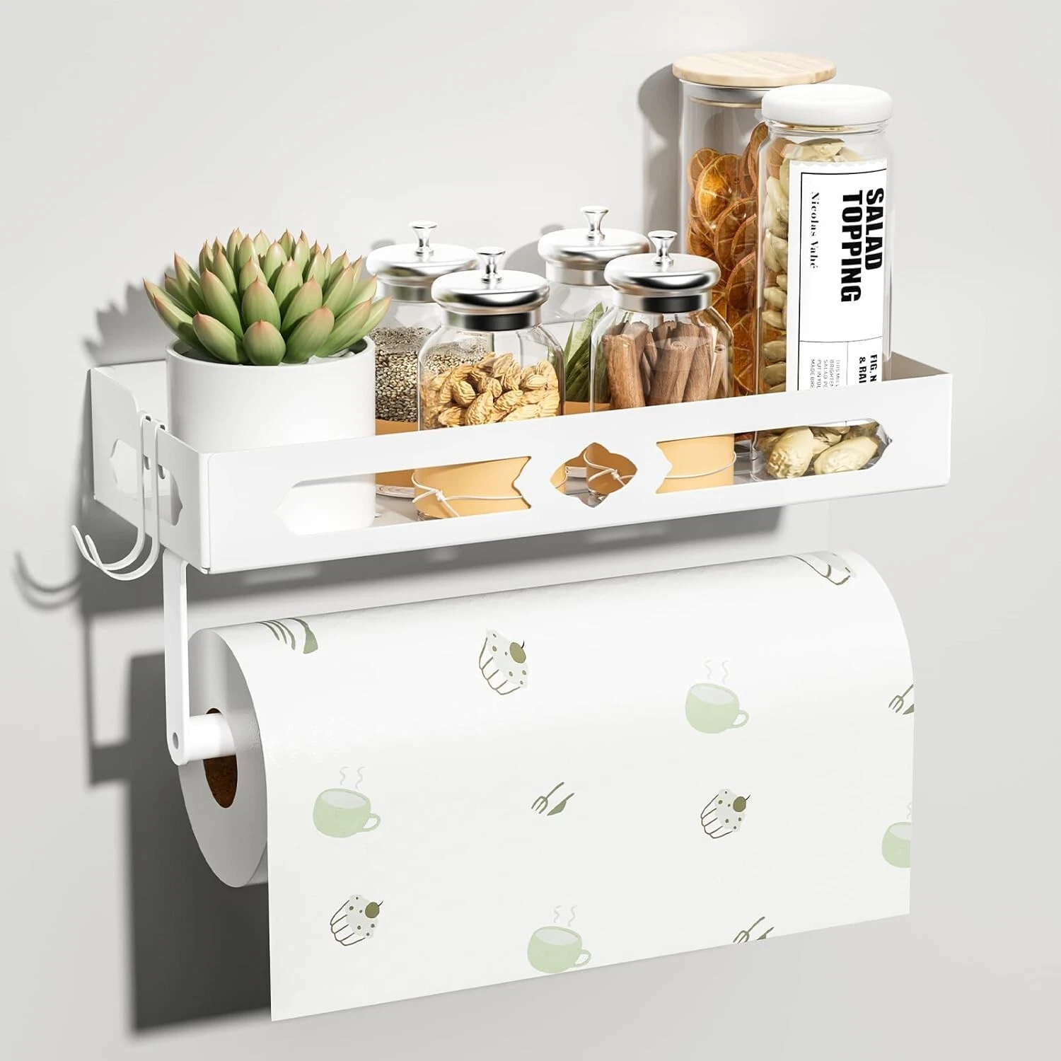 Spice Rack with Paper Towel Holder Roll & Hooks, Wall Mounted Spice rack - New