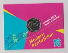 Moneda de 50 peniques olímpica de Londres 2012 sin circular en tarjeta sellada - PENTATLÓN MODERNO