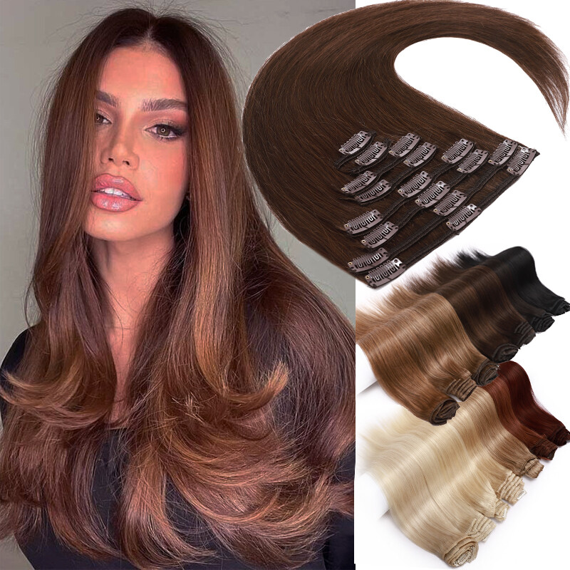 Brown 100% Human Hair Extensions 8 Pieces Clip In Real Remy  display picture 3