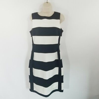 ponte knit bodycon dress calvin klein Size 8 Black Ivory Colorblock Sheath Career size:38 Short Sleeve Plunge Zip single dressing table design