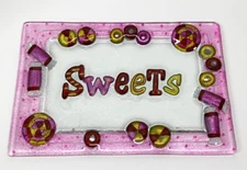 Fused Glass "Sweets" Colorful Platter 12" x 8" Reverse Painted
