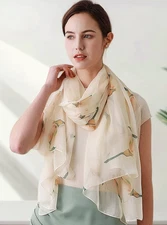 100% Silk large Scarf Women neckerchief Shawl Wrap floral beige yellow MY147