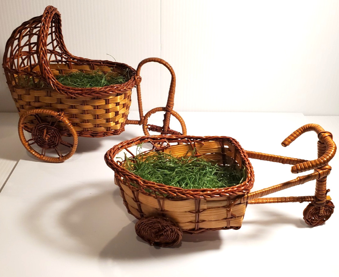 2 PC Lot Vintage Wicker Rattan Tricycle Bike Baby Carriage E