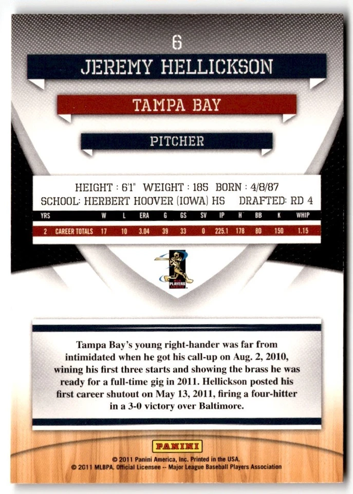 Jeremy Hellickson 2011 Donruss Elite Extra Edition Rookie #6 Tampa Bay Rays - Image 2 of 2