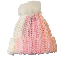 Handmade Pink Crochet Hat , Faux Fur Pom, Size 6-12 mos.