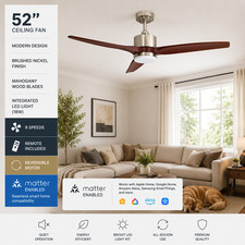 52" Smart DC Ceiling Fan, LED Light, 3 Blades, Energy Efficient, Quiet Operation