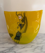 Vintage Blenko Opaline Yellow Art Glass Vase Abstract Dark Green Decoration