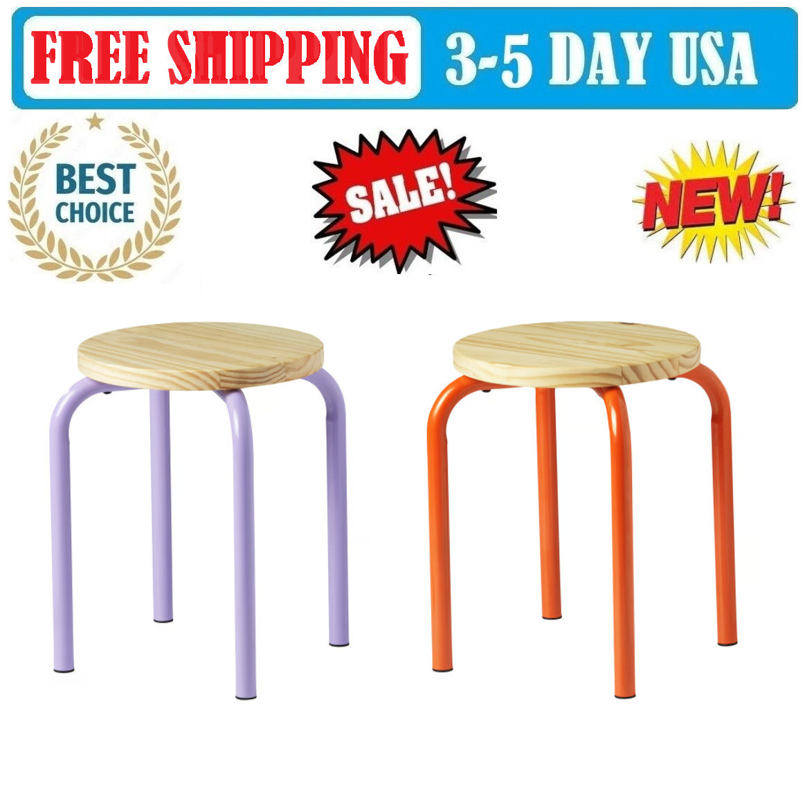 IKEA DOMSTEN Stool, Orange/Lilac Solid pine, Steel 17 3/4 