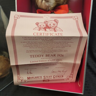 Rare Steiff Teddy Bear 1926 Replica In Box With Certificate Estate